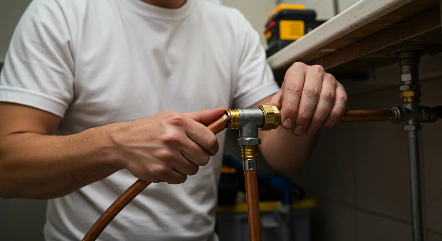 A plumber works to connect new copper pipes