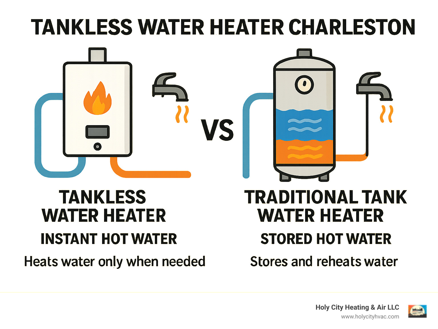 Infographic showing how tankless water heaters provide instant on-demand hot water by heating water as it flows through the unit, compared to traditional tank heaters that store and continuously reheat large volumes of water - tankless water heater Charleston infographic 