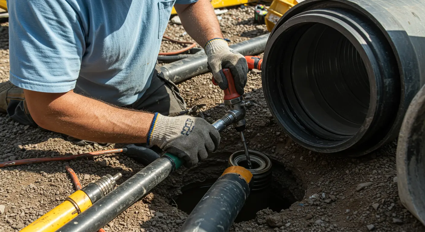 A plumber works on pipes in a trench