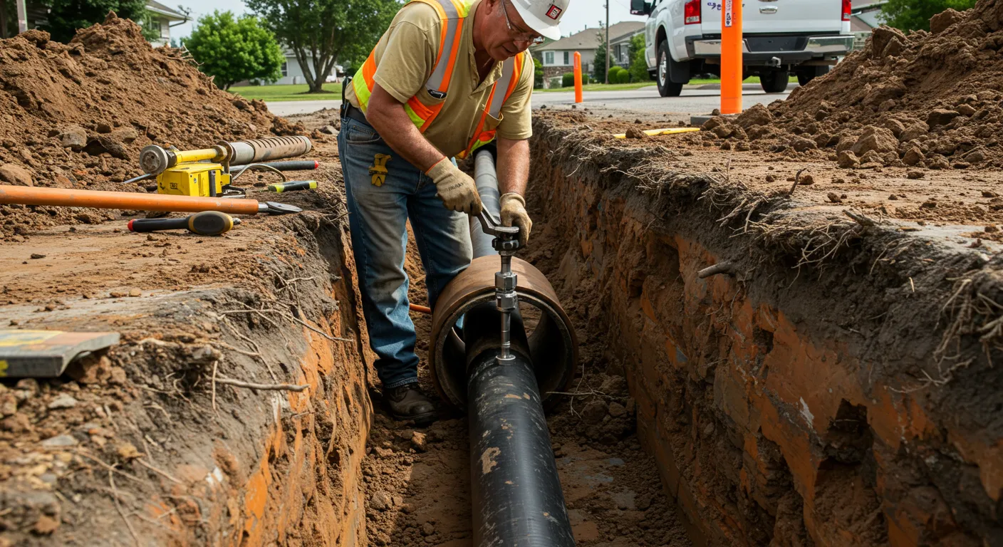 A construction worker is adjusting a large black pipe in a trench