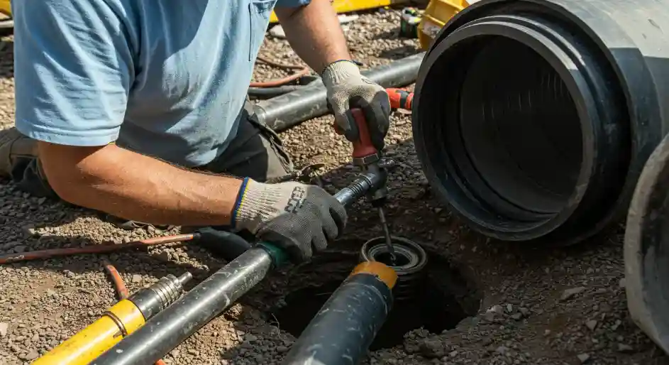 A plumber works on a pipe in a manhole