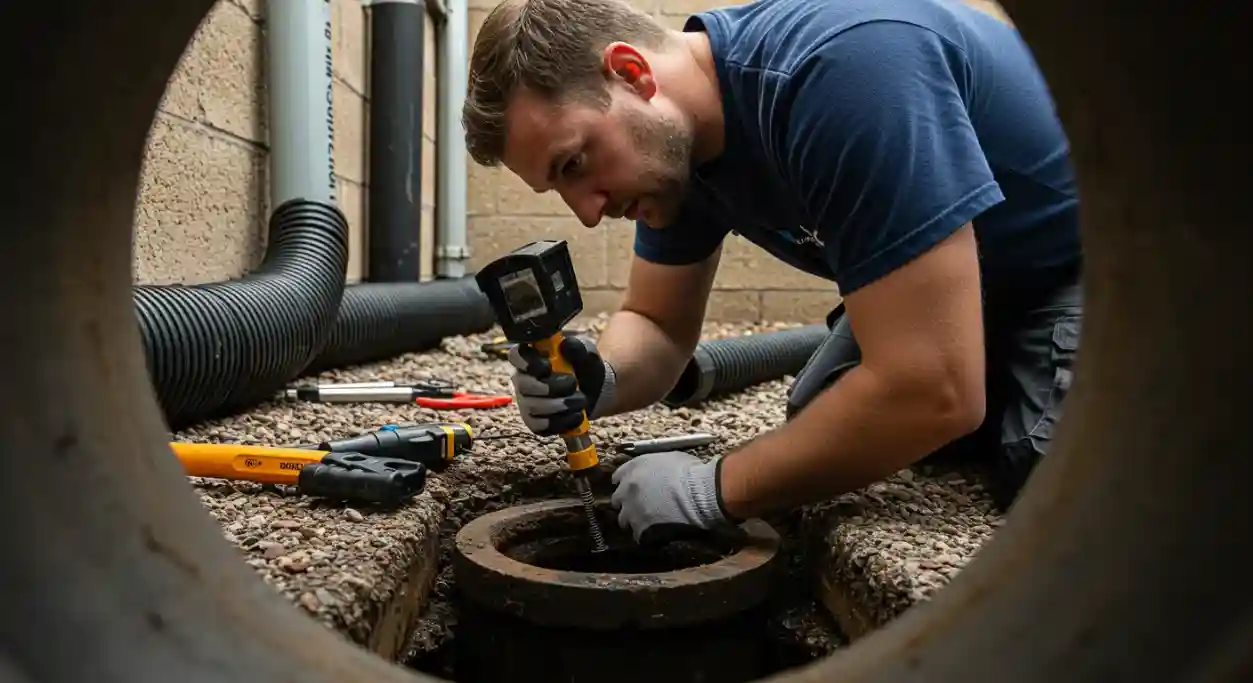 A plumber works on pipes in a trench