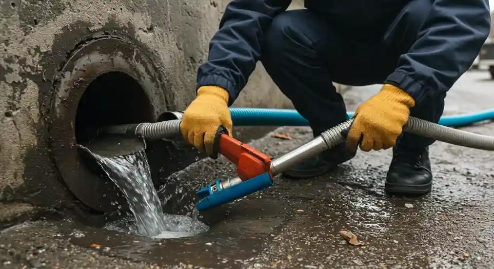 A plumber works on pipes in a trench