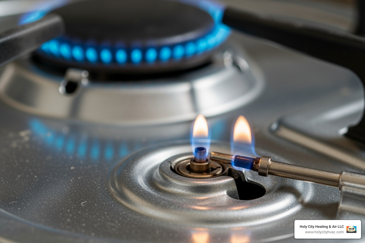 A close-up image showing the pilot light area of a gas water heater, with the small blue flame visible and the burner assembly in the background - No hot water