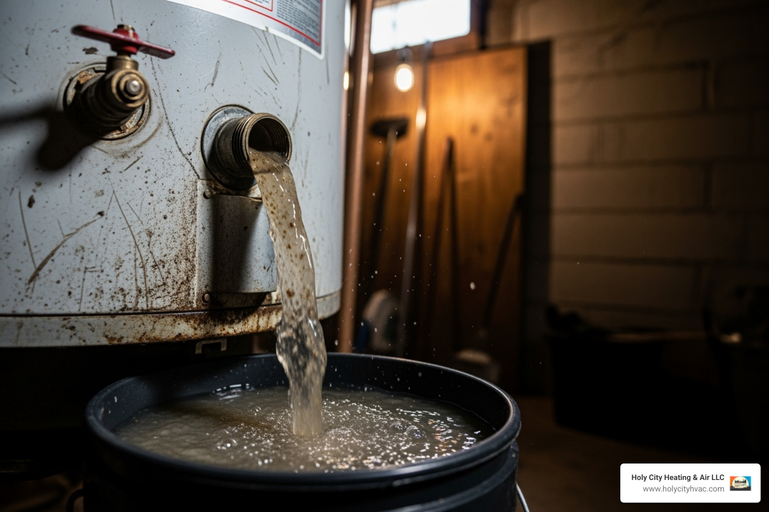 A graphic showing dirty, cloudy water being flushed out of a water heater drain valve, indicating sediment removal - No hot water