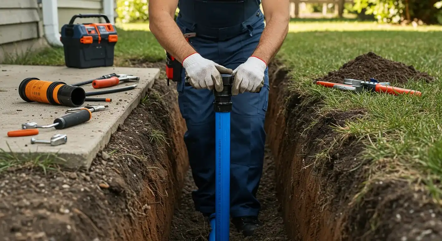 A worker in overalls and gloves stands in a trench, using a specialized tool to work on a blue pipe, with a variety of plumbing tools visible on the ground.