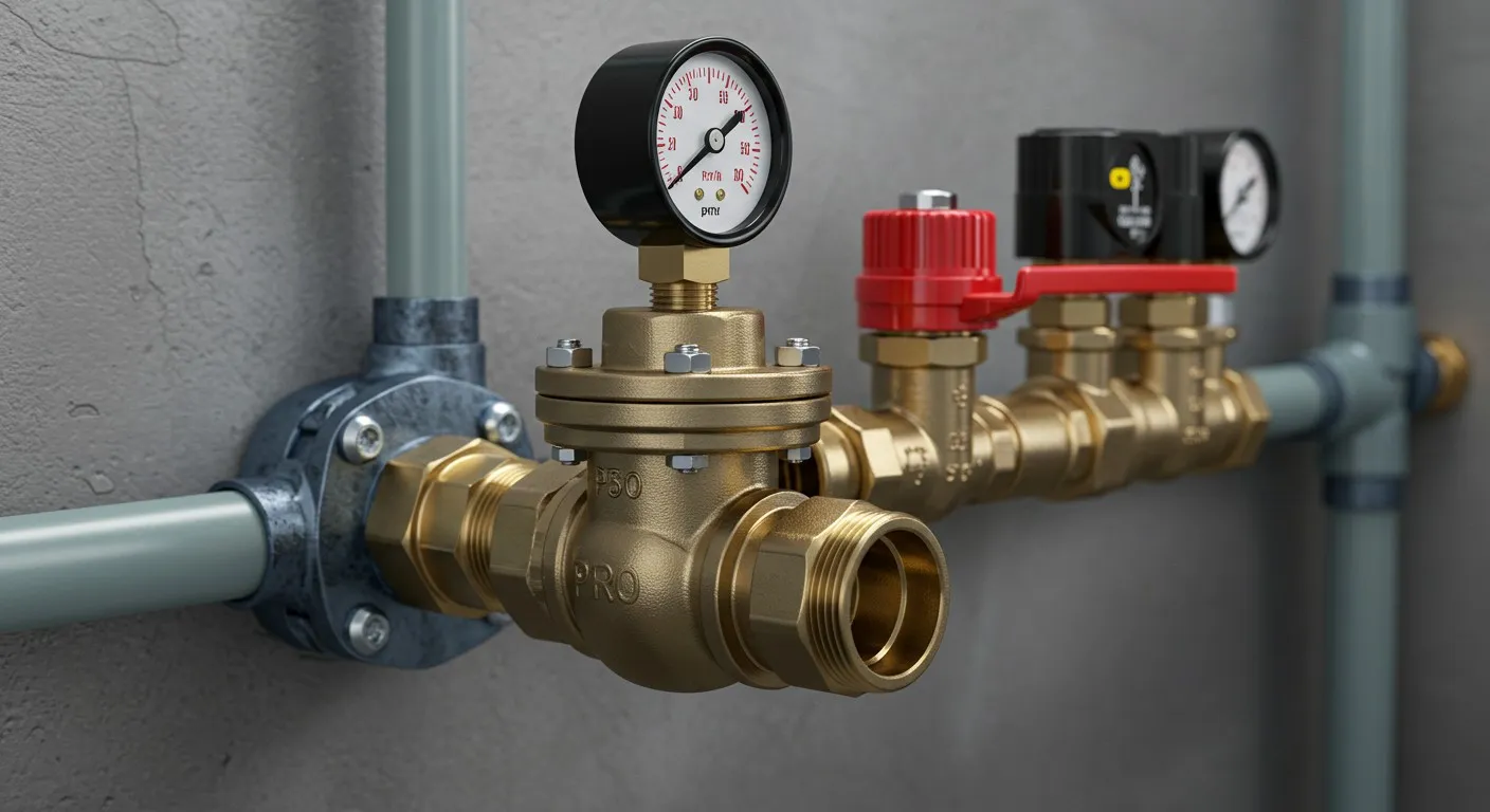 Brass pipe fittings and pressure gauges.
