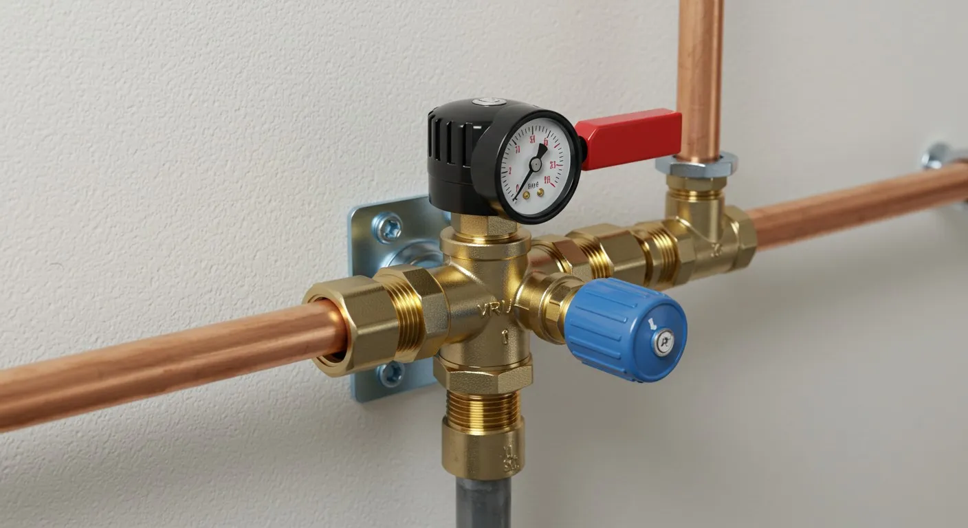 Copper plumbing pipes and brass fittings.