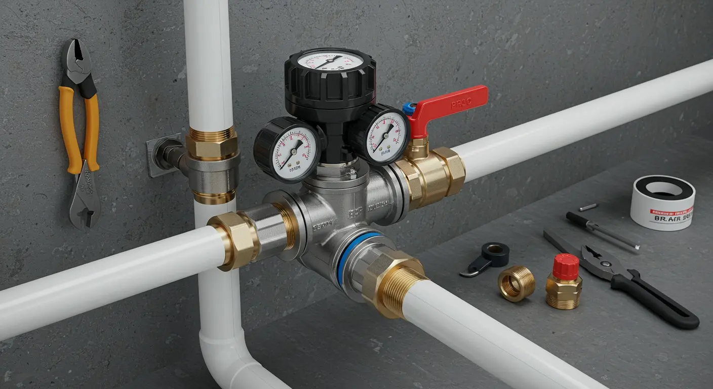 Pipe installation with pressure gauges and pliers.