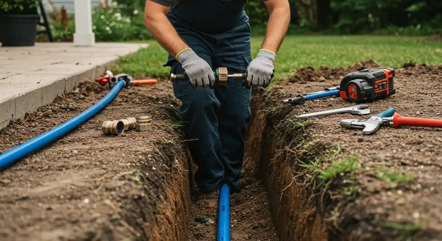 A person stands in a dirt trench, holding a brass fitting to connect to a blue water line, with other tools scattered around the site.
