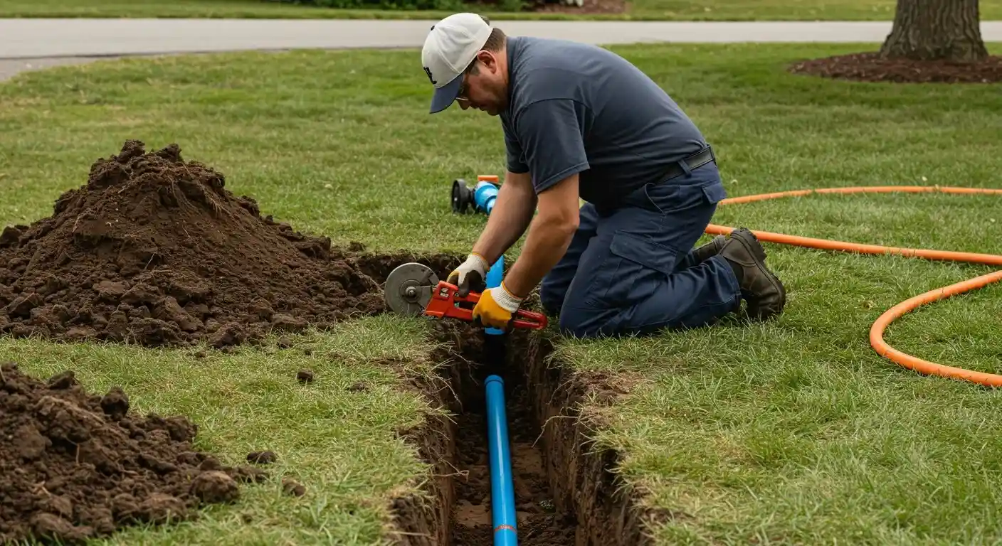 A worker on their knees in a grassy area, using a pipe cutter to trim a vertical blue water pipe emerging from a trench.