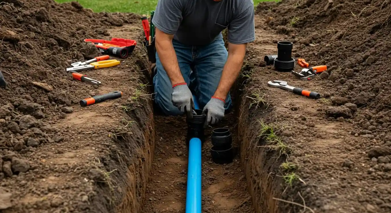 A person in a gray t-shirt and jeans is kneeling in a dirt trench, joining two black pipe fittings to a blue water line. Tools and a tool bag are visible on the piles of dirt on either side.