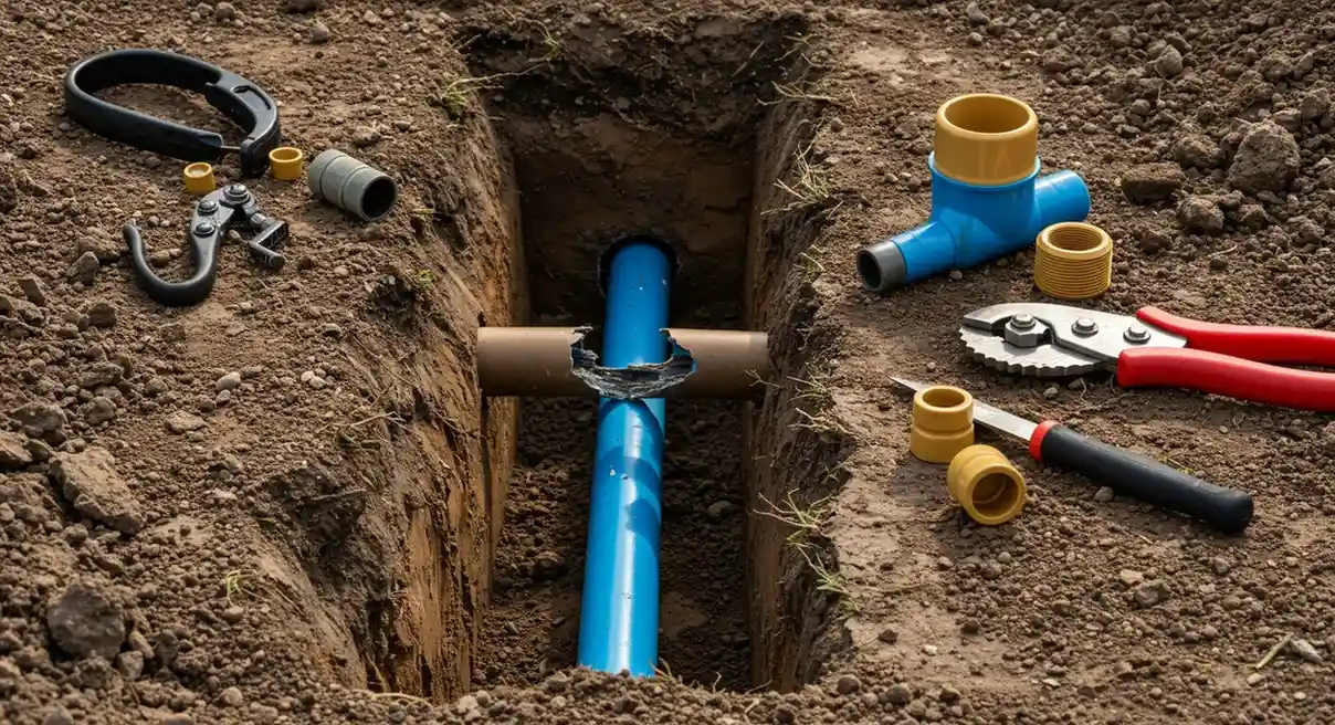 A close-up shot of a dirt trench with a blue water line running through it. A yellow-colored T-junction fitting is placed on the ground next to the pipe, with other fittings and tools nearby.