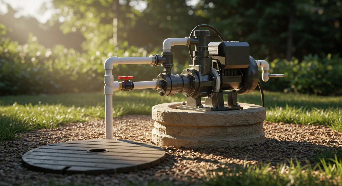 An above-ground well pump sits on a concrete base, connected to PVC pipes. The pump is black and metallic with a motor on top. Two white pipes extend from the front, with a red-handled valve on the left pipe. A second set of pipes connect the pump to what appears to be a pressure tank. The well is covered with a circular wooden lid next to the pump. The scene is set in a sunny, grassy yard with trees and bushes blurred in the background.