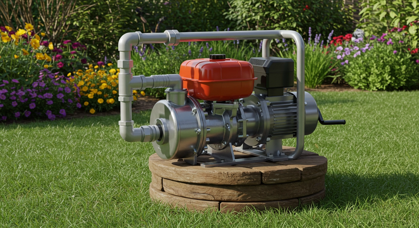 An above-ground water pump with a bright red engine cover sits on a textured, wood-like circular base in the middle of a manicured lawn. The pump's main body is silver and metallic, with gray PVC pipes connected to it. The pipes form a U-shaped loop above the pump. A lush garden with vibrant yellow, purple, and red flowers and green shrubs is visible in the background.