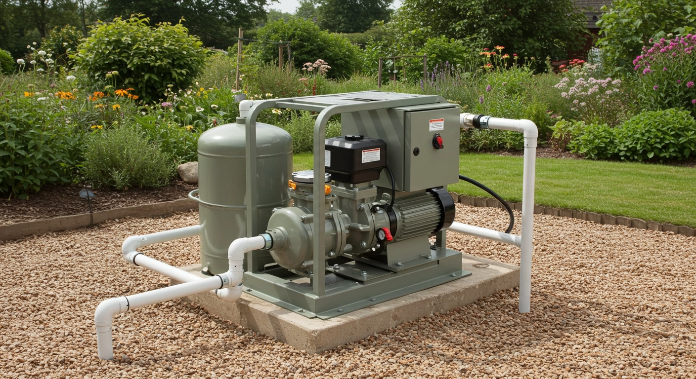 An above-ground water pump system is installed on a square concrete pad surrounded by small tan gravel. The system includes a large gray pressure tank and a motor-driven pump with an attached control box. White PVC pipes with red-handled valves connect the components. The scene is set in a sunny garden with green bushes and various wildflowers in the background. A green lawn is visible to the right.