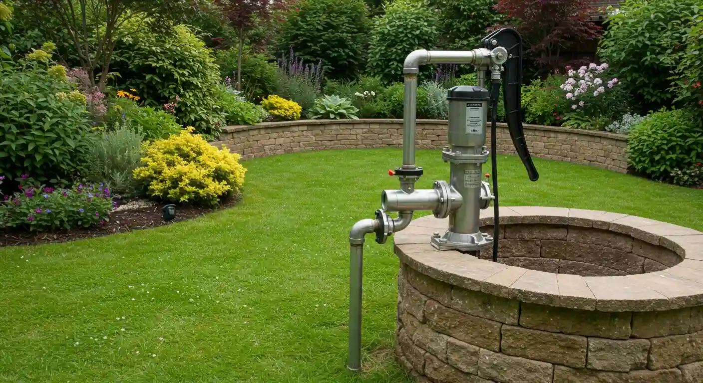 A large, silver hand pump is installed on top of a stone-lined well. The pump features a black handle and is connected to a network of metal pipes that run vertically and horizontally. The well is situated in a well-maintained backyard with a lush green lawn. In the background, a curved stone retaining wall separates the lawn from a colorful garden filled with various shrubs and flowering plants, including bright yellow and deep red foliage.
