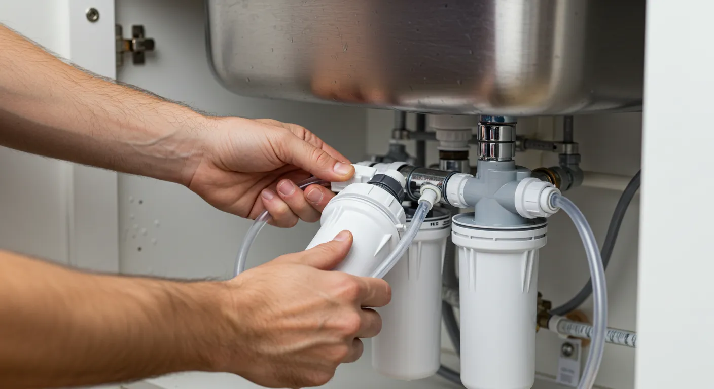 A person's hands connect a small white water filter cartridge to a larger filtration system under a sink.