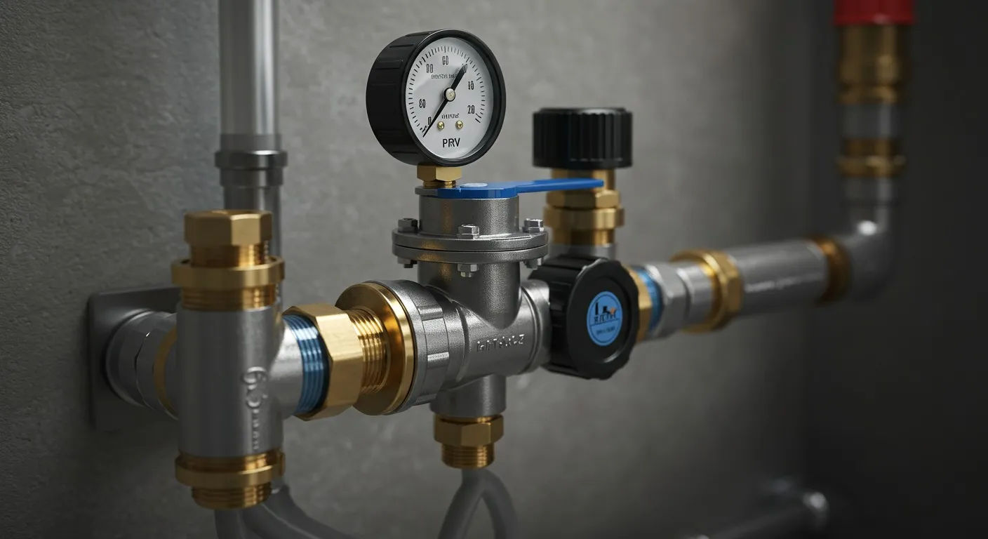 Industrial pipe system with gauges and valves.