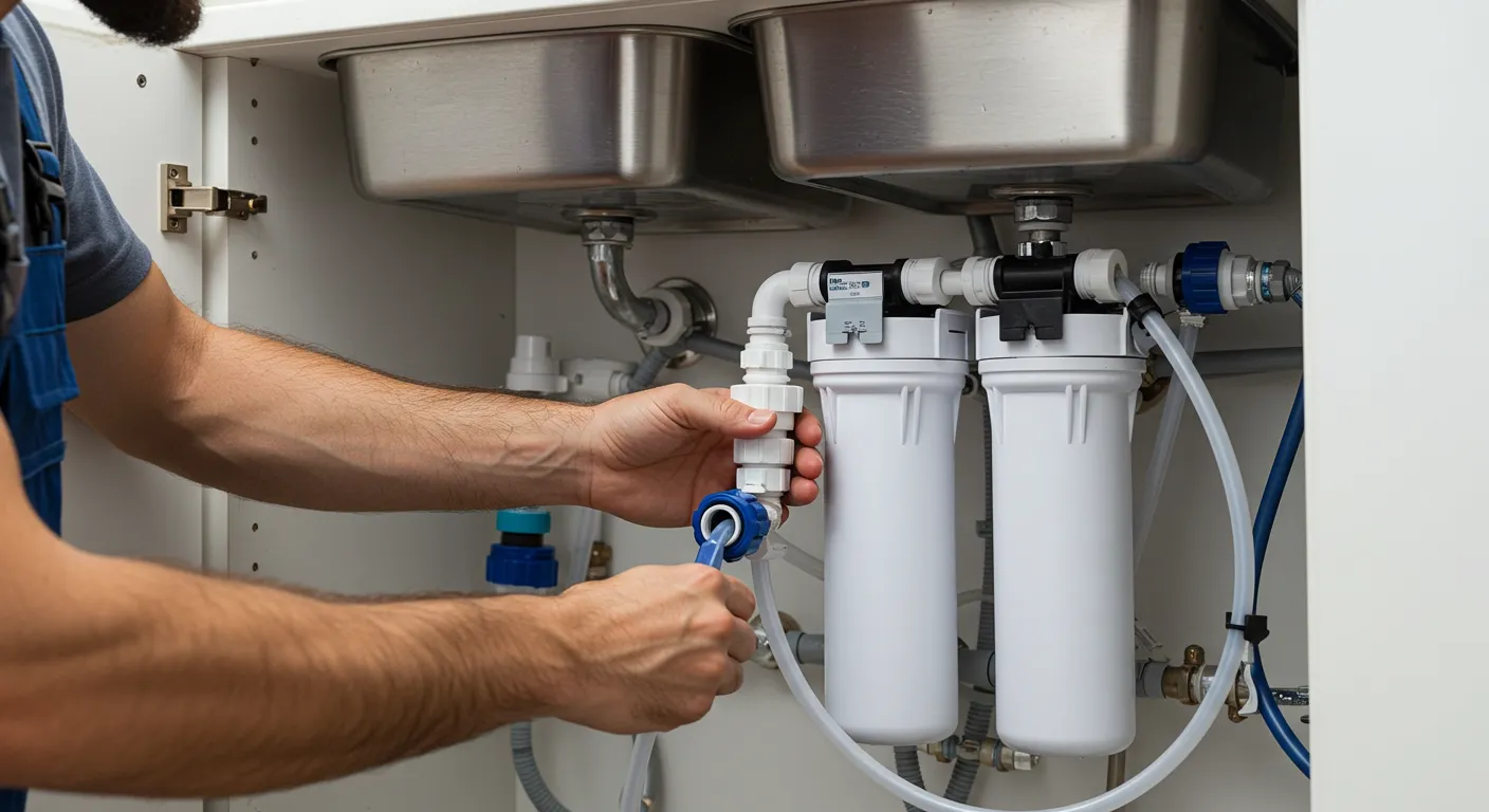 A person's hands connect a new pipe to a multi-stage water filtration system under a kitchen sink.
