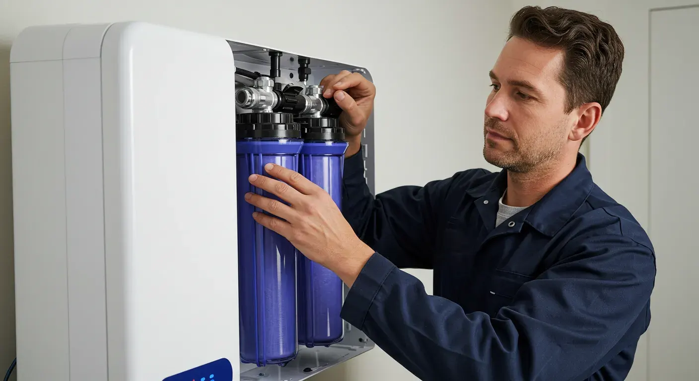A man in a blue uniform replaces the blue filter cartridges in a sleek, white and black whole-house water filtration system.