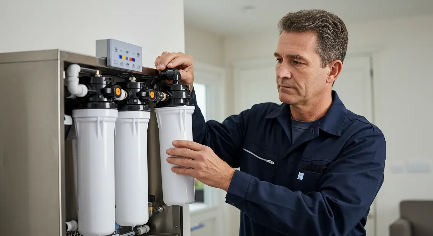 A male technician in a blue uniform installs a new white filter cartridge into a large stainless steel water filtration unit.