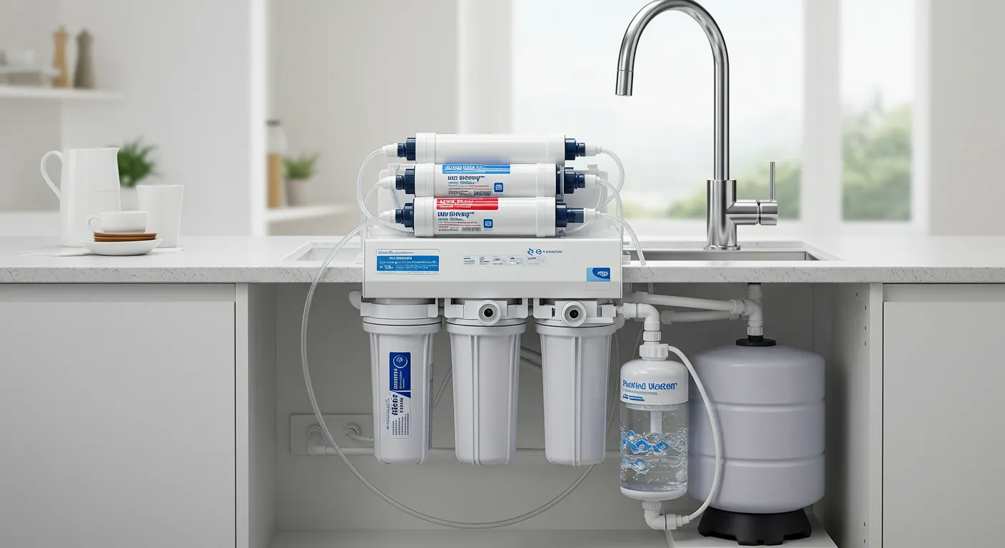 A comprehensive water filtration system with multiple white cartridges and a small storage tank installed under a kitchen sink.
