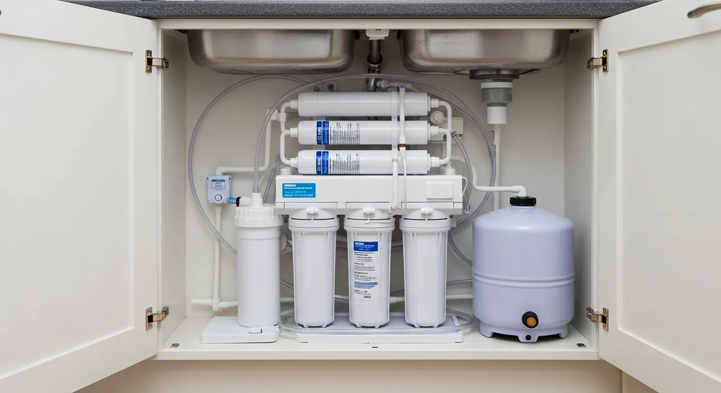 An under-sink water purification system with a storage tank and white filter cartridges installed neatly inside a cabinet.