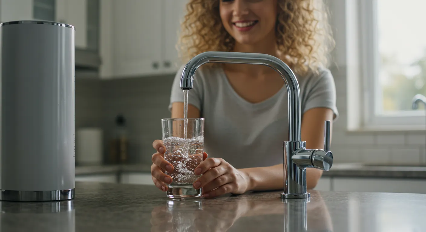 A woman with curly hair smiles while filling a glass with filtered water from a modern kitchen faucet.