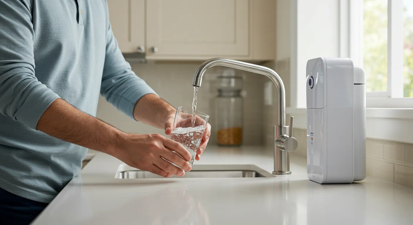 A person fills a glass with clear water from a chrome faucet, with a compact water filtration system on the counter.