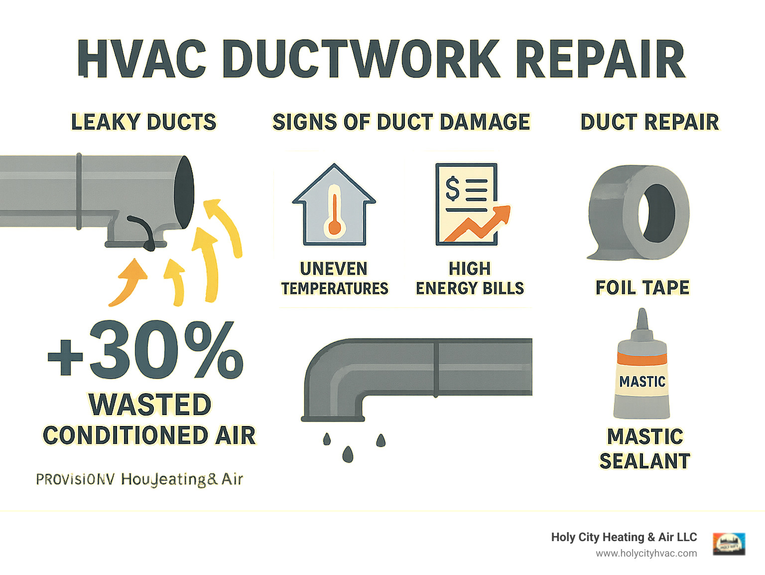 Infographic showing that leaky ducts waste up to 30% of conditioned air, common signs of duct damage including uneven temperatures and high energy bills, and basic repair materials like foil tape and mastic sealant - hvac ductwork repair infographic 