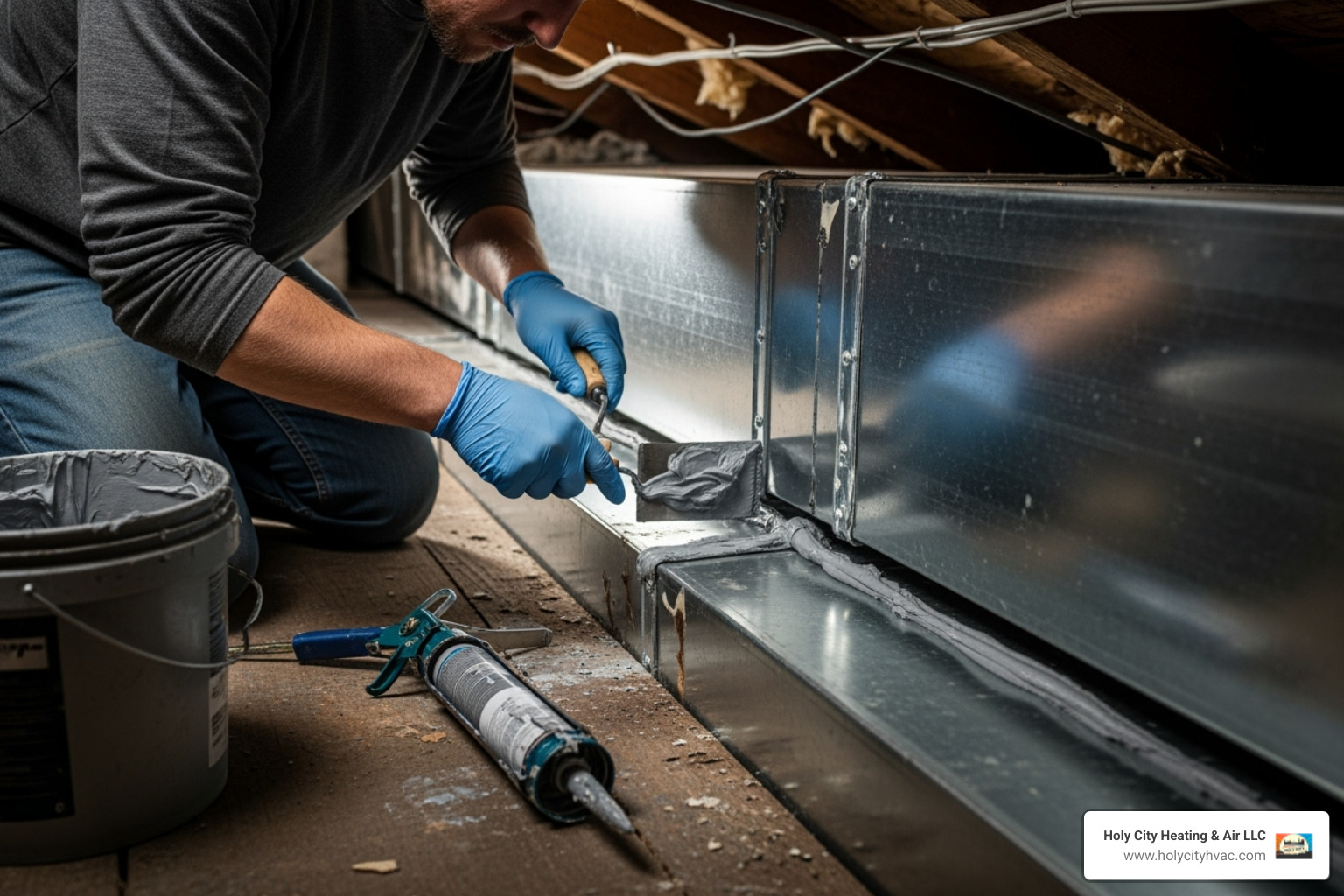 a homeowner wearing gloves and applying mastic sealant to a duct joint - hvac ductwork repair