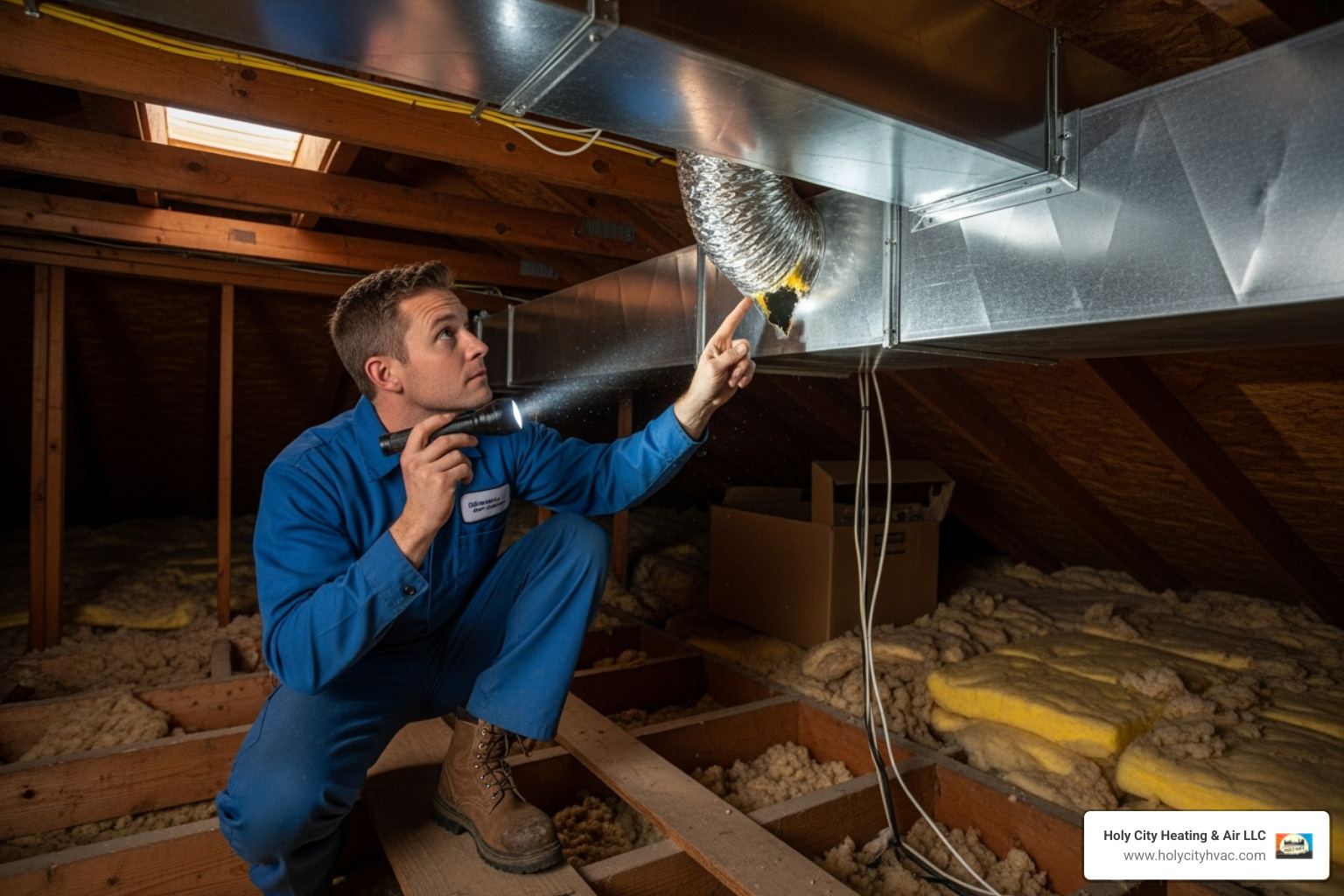 a uniformed HVAC technician inspecting ductwork in an attic - hvac ductwork repair