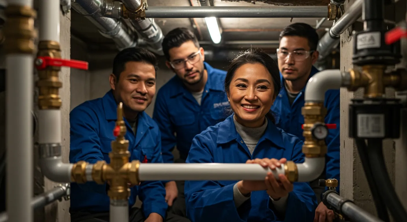 Four diverse plumbers inspecting pipes.