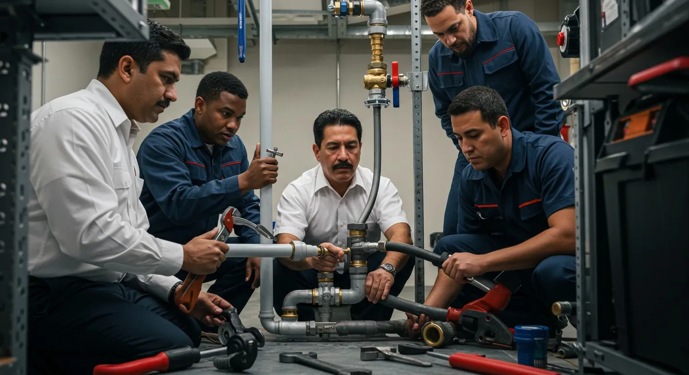 Five male plumbers inspecting water pipes.