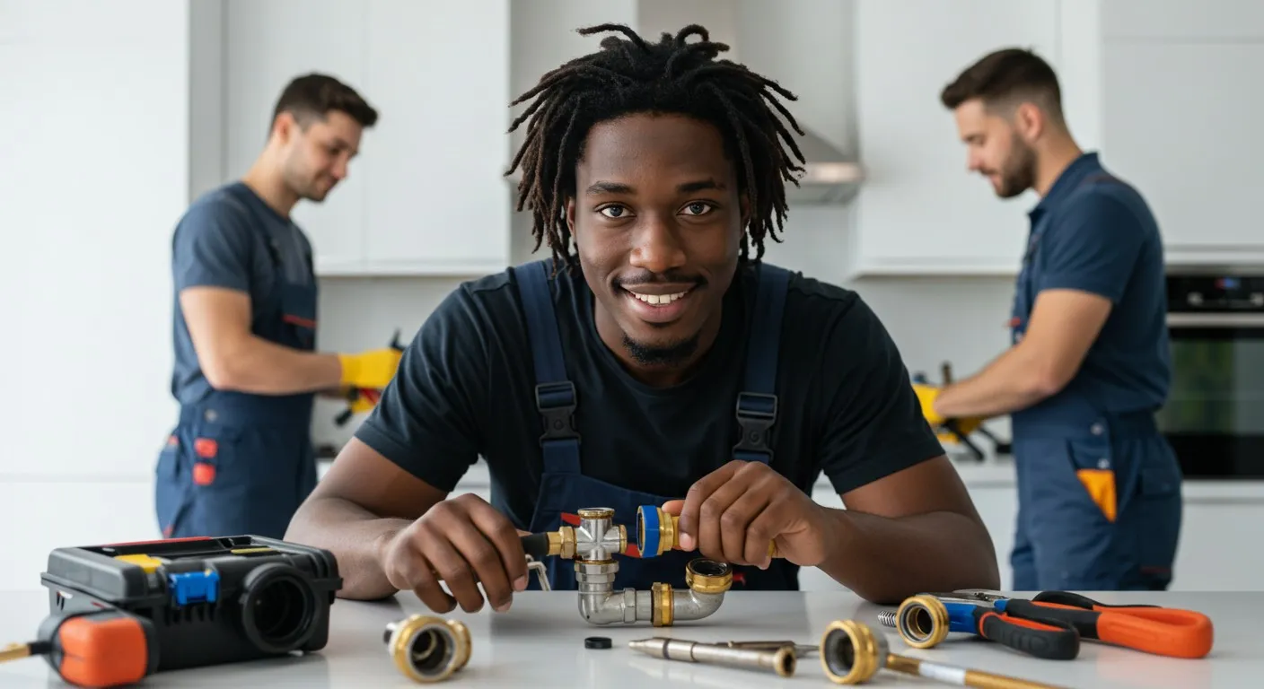 Young man plumbing, surrounded by tools.