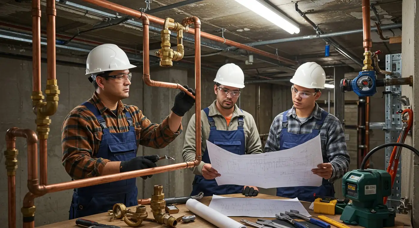 Three plumbers checking blueprint for pipes.