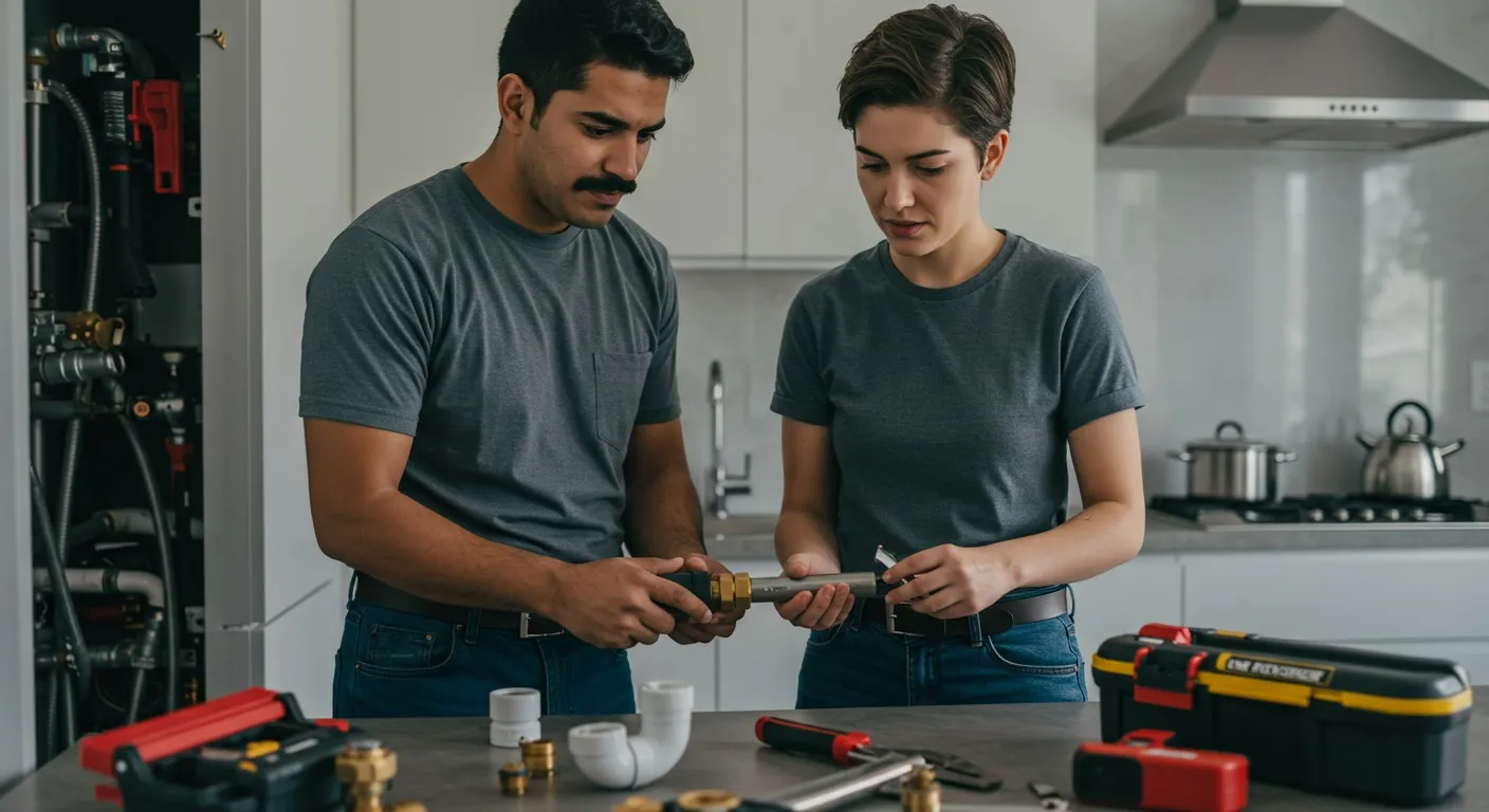 Two young plumbers assembling kitchen pipes.