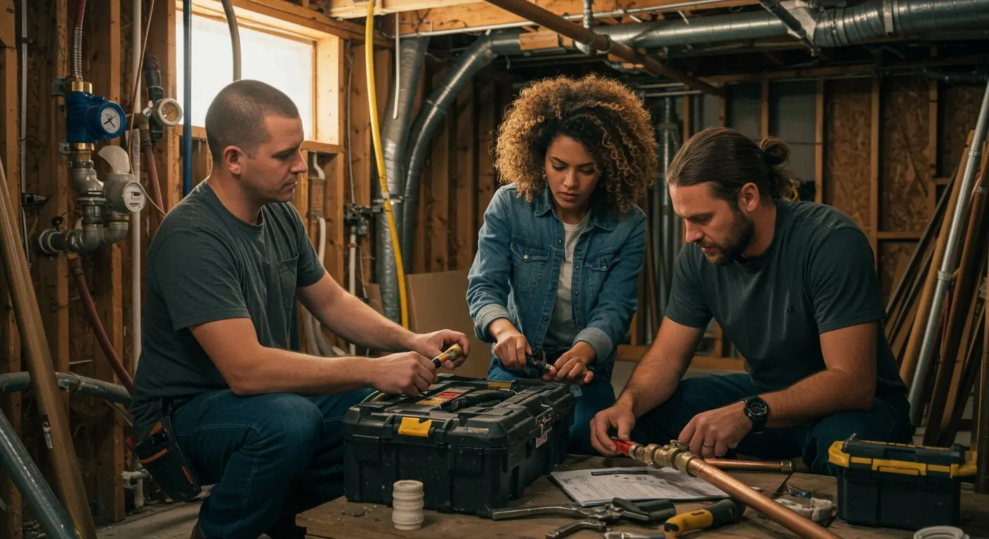 Three young plumbers inspecting pipe tools.