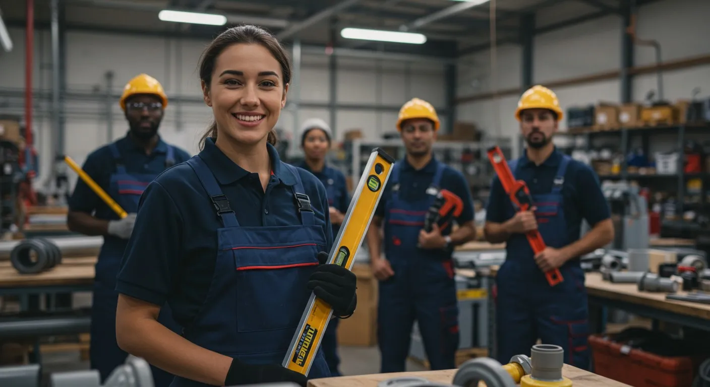 Five plumbers smiling, posing with tools.