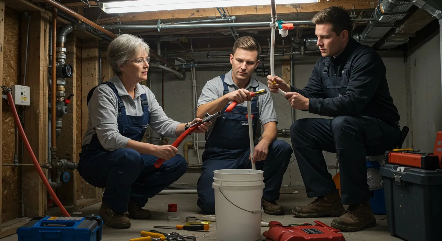 Three plumbers working on a pipe.