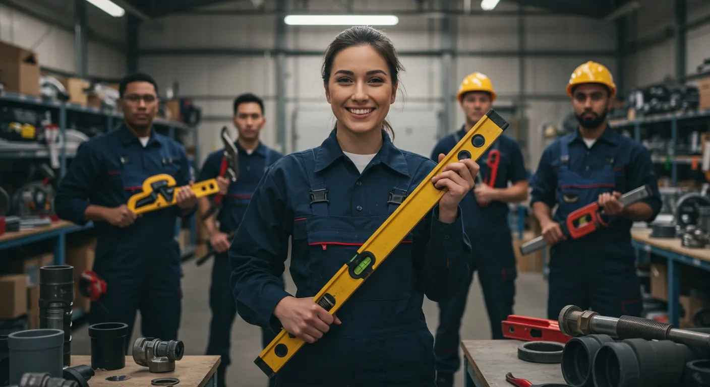 Young, smiling female plumber holding level.