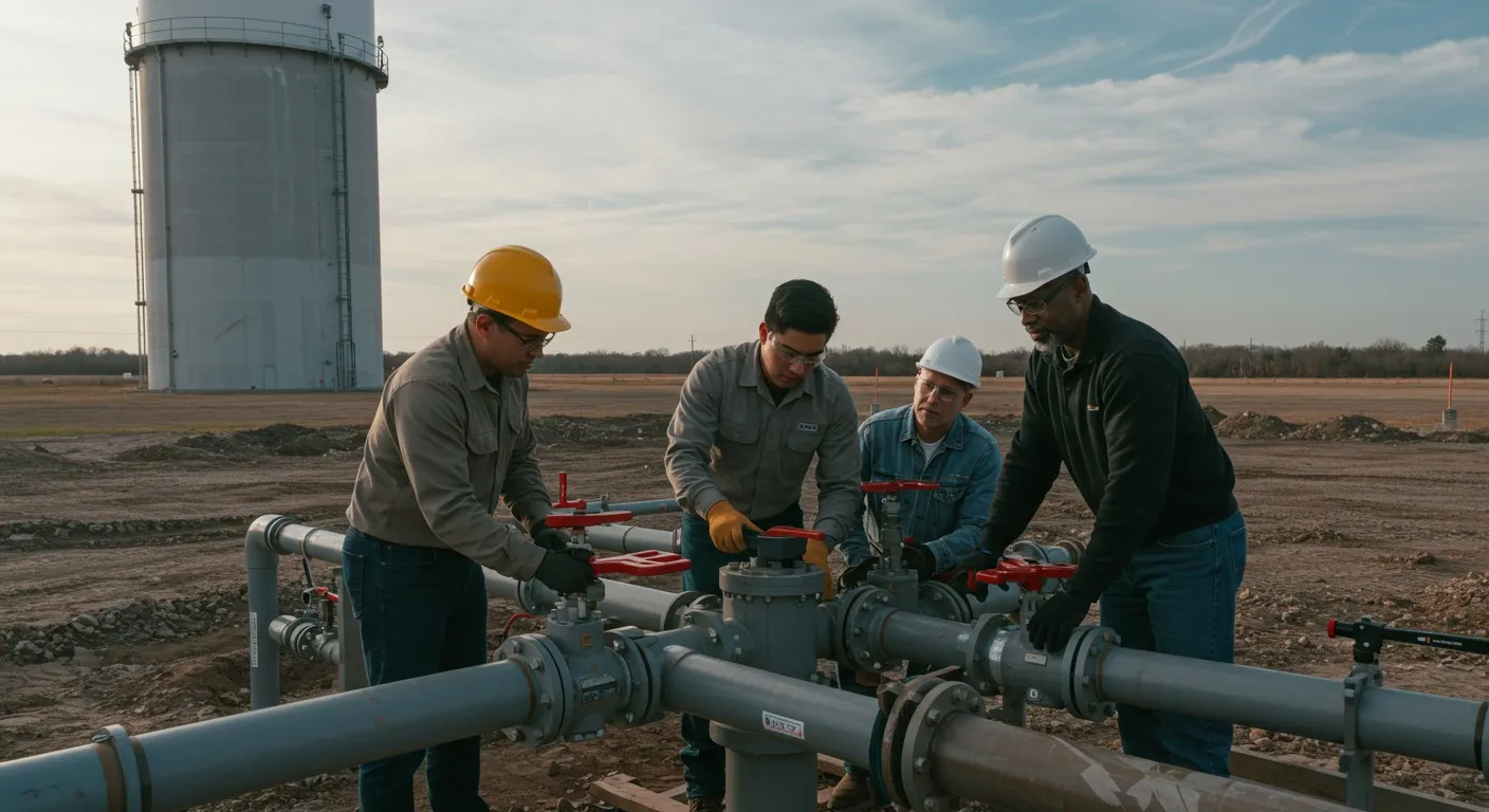 Four male engineers inspecting industrial pipes.