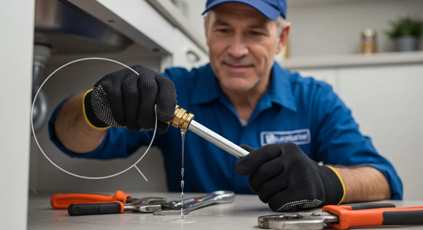 Senior plumber fixing leaking sink pipe.