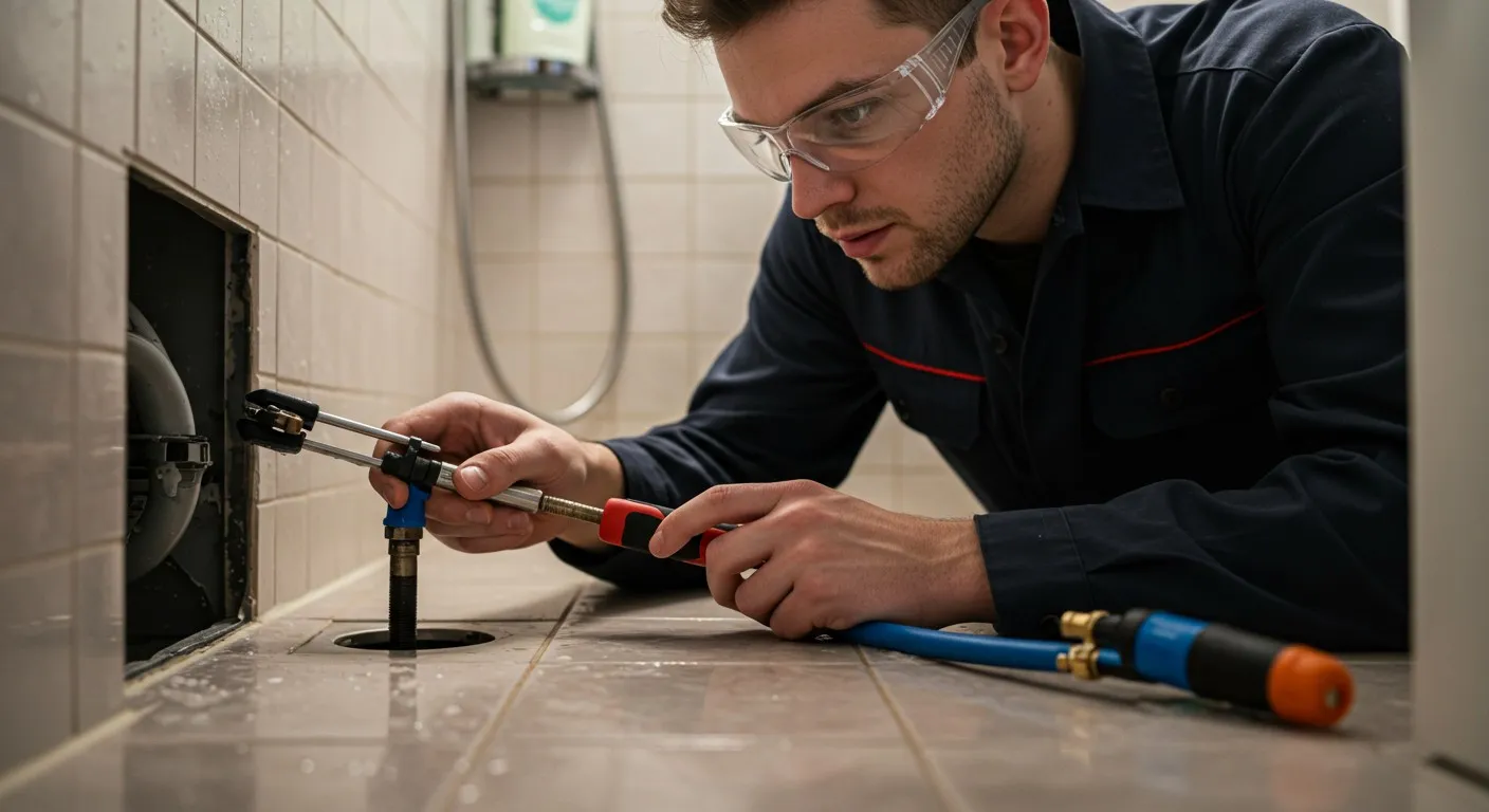 Young male plumber fixing drainpipe.