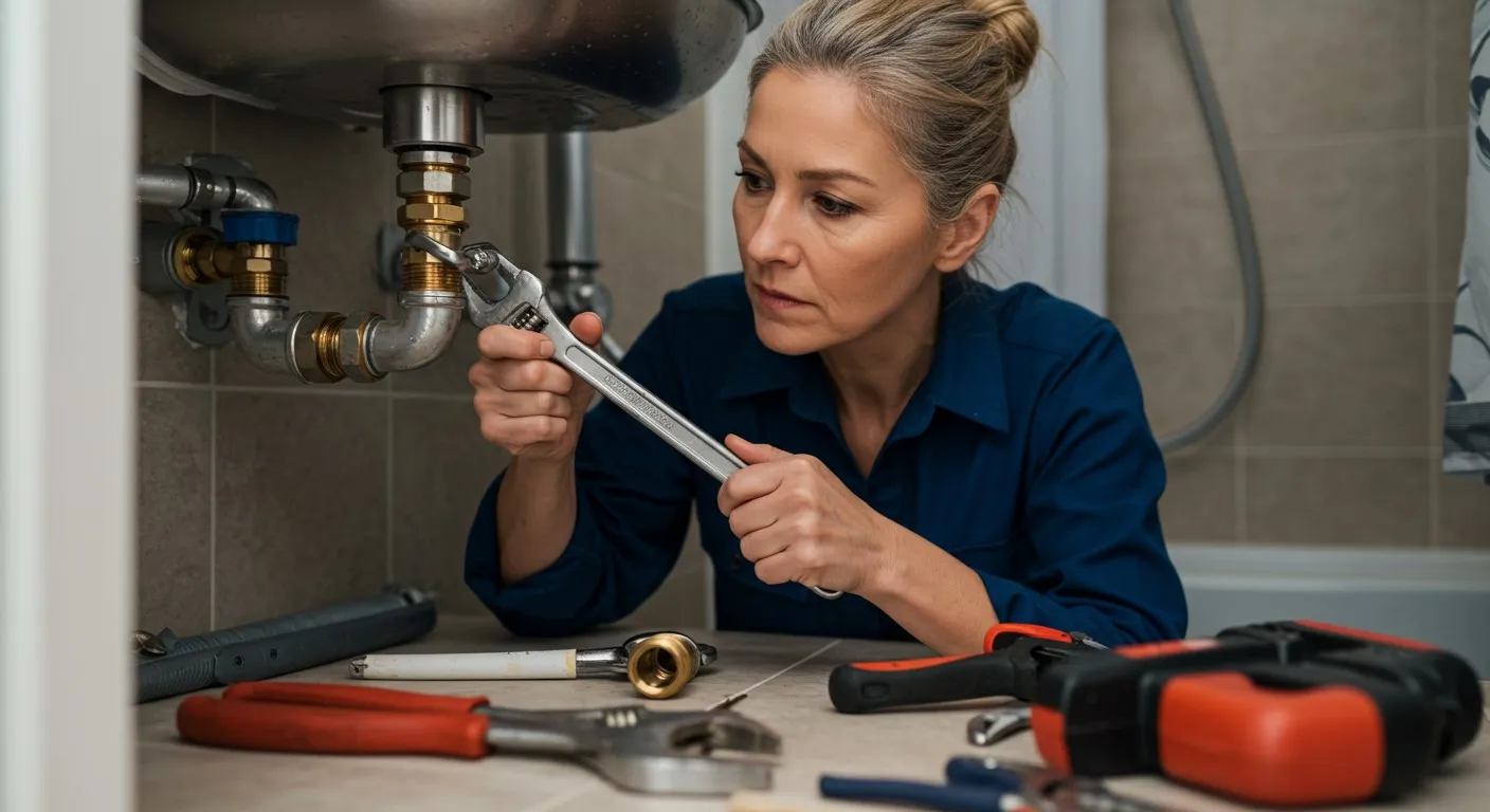 Female plumber fixing sink pipes.