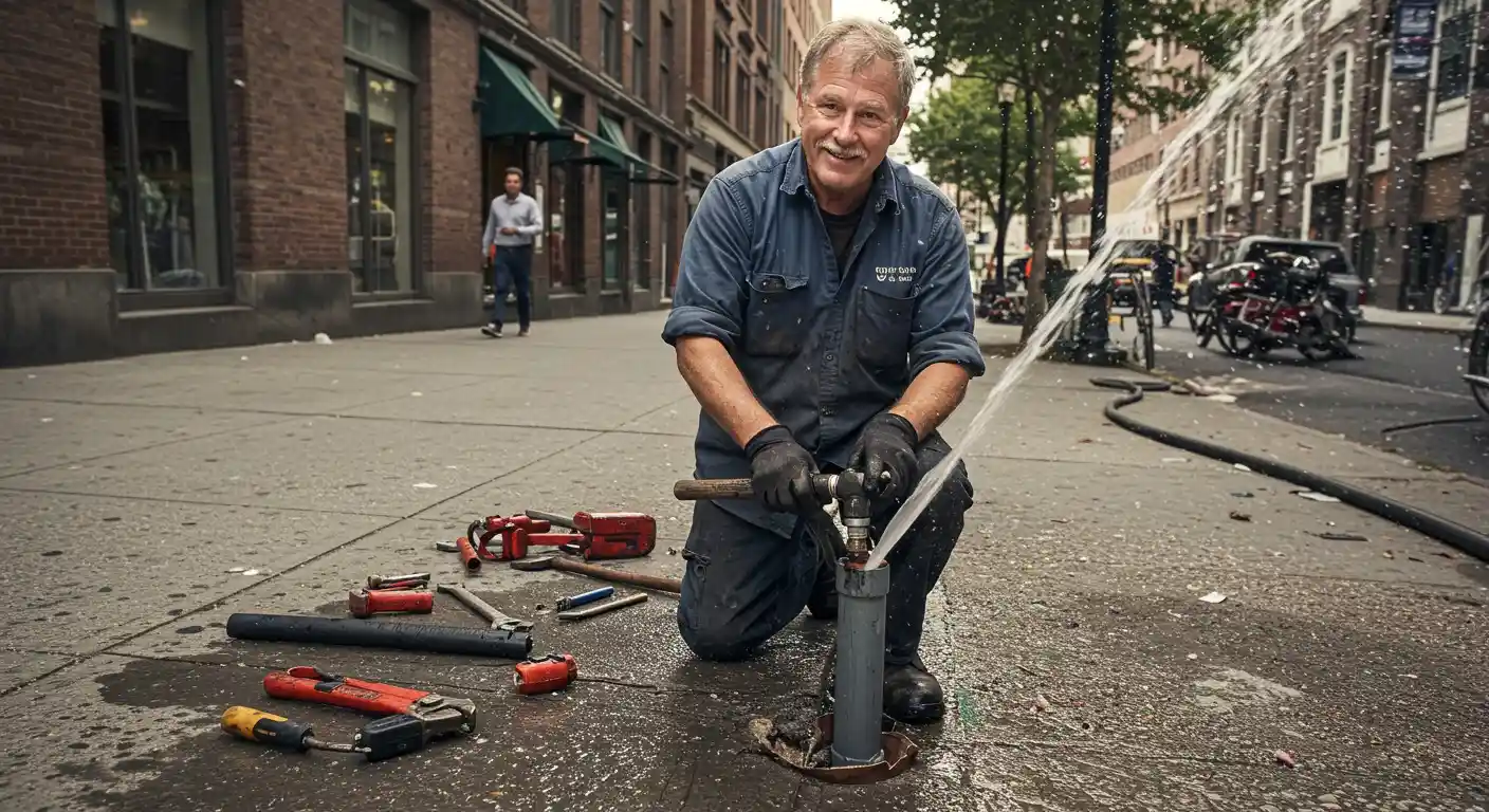 Experienced plumber fixing a broken fire hydrant.