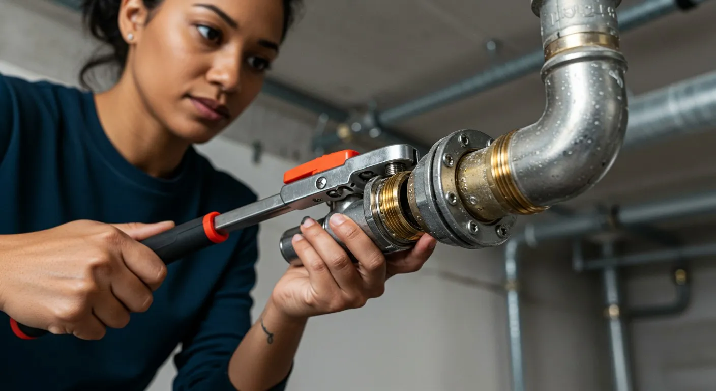 Young female plumber tightening metal pipe.