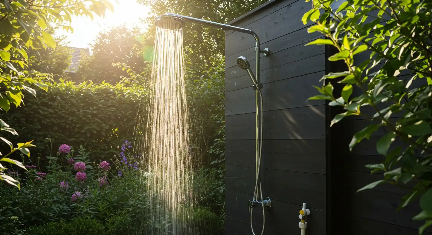 Outdoor shower spraying water in sunlight.