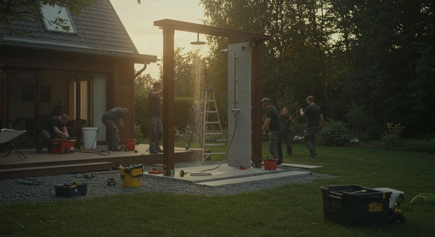 Plumbers installing outdoor shower at sunset.